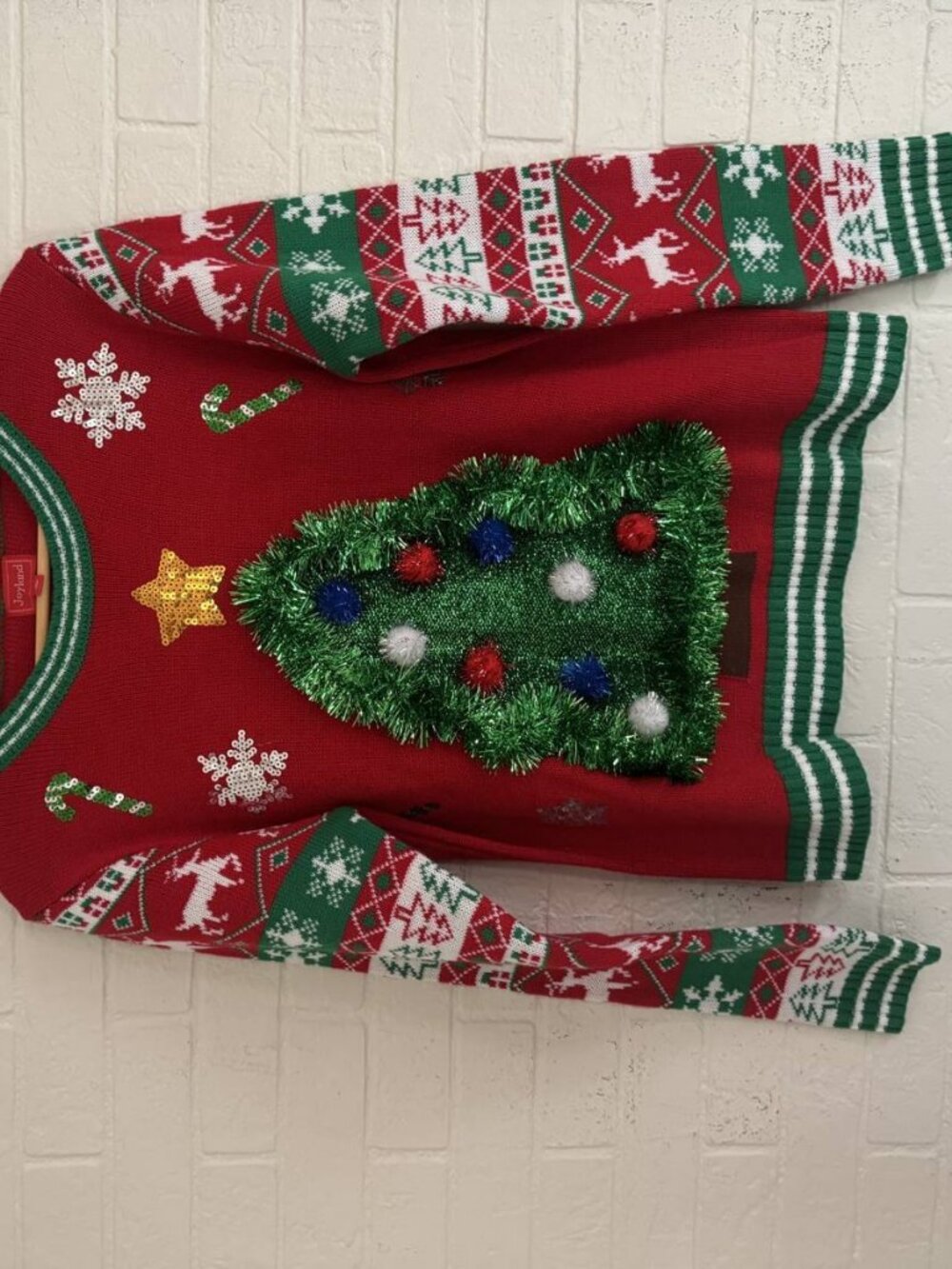 Joyland Ugly Christmas Sweater Red 3D Tinsel Tree Pom Pom Holiday Party (8DH5E)